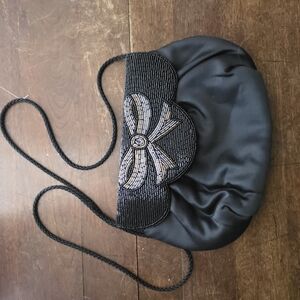 Black Satin Beaded Bow Evening Shoulder Bag